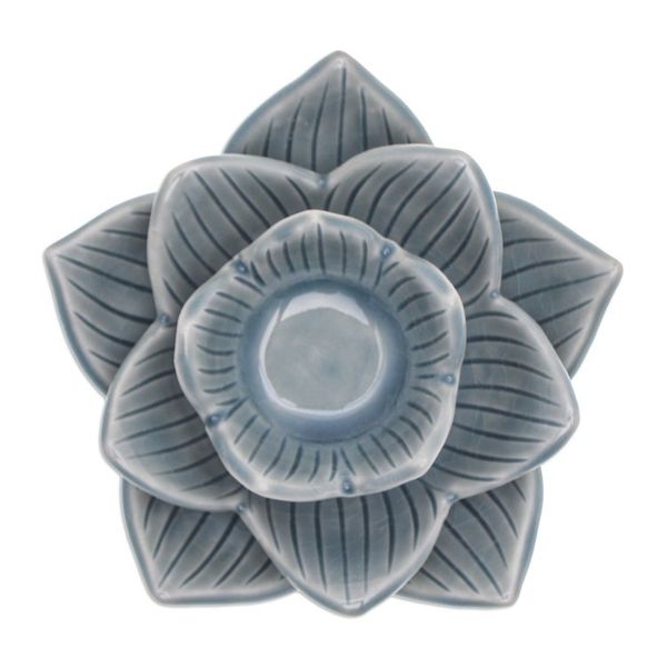 Alternate image for Lotus-Shaped Celadon Ceramic Tealight Candleholder in Blue Blooming Lotus in Blue