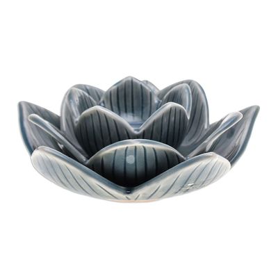 Alternate image for Lotus-Shaped Celadon Ceramic Tealight Candleholder in Blue Blooming Lotus in Blue