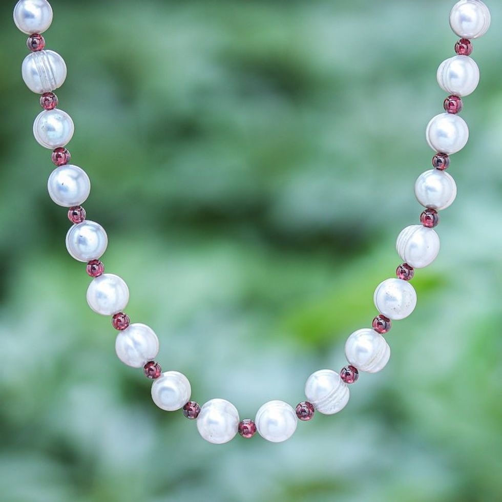 Strand Necklace with Cultured Grey Pearls and Garnets 'Cherished'