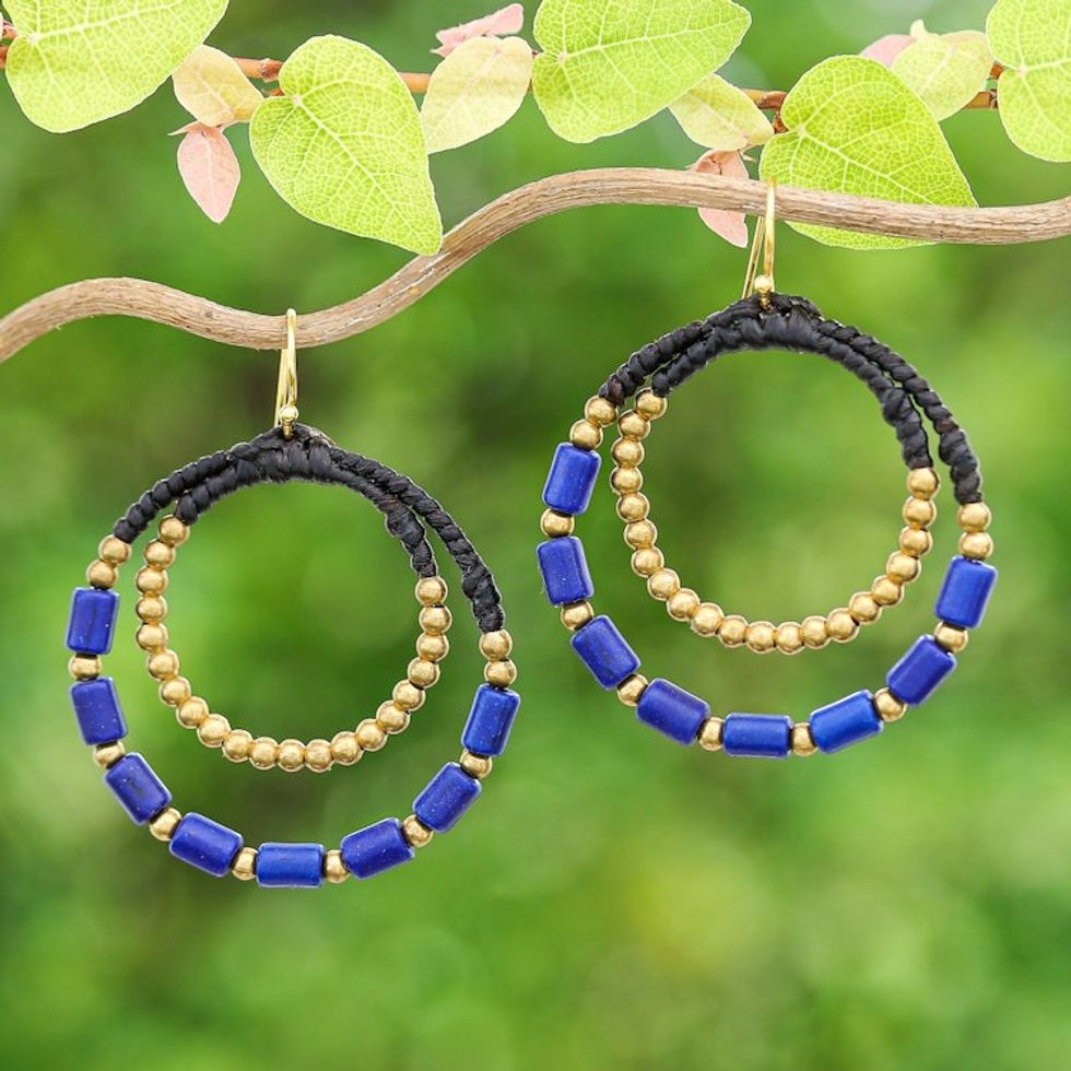 Blue Magnesite Brass Beaded Double Hoop Dangle Earrings 'Indigo Glam'