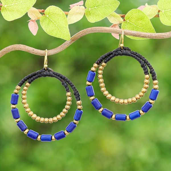 Alternate image for Blue Magnesite Brass Beaded Double Hoop Dangle Earrings Indigo Glam