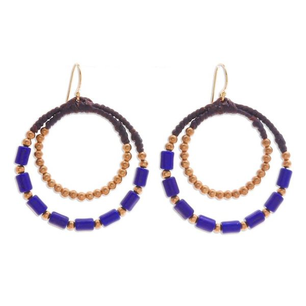Alternate image for Blue Magnesite Brass Beaded Double Hoop Dangle Earrings Indigo Glam