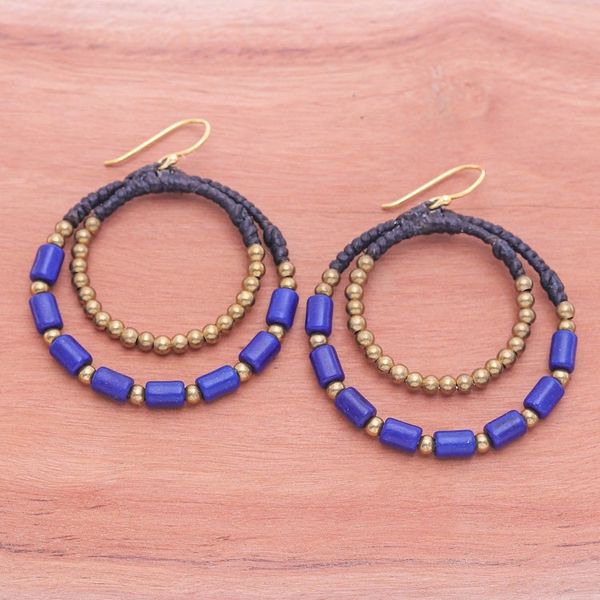 Alternate image for Blue Magnesite Brass Beaded Double Hoop Dangle Earrings Indigo Glam
