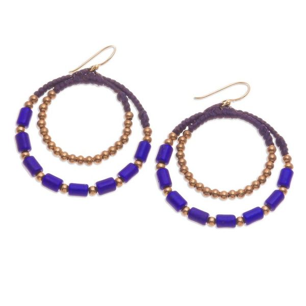 Alternate image for Blue Magnesite Brass Beaded Double Hoop Dangle Earrings Indigo Glam