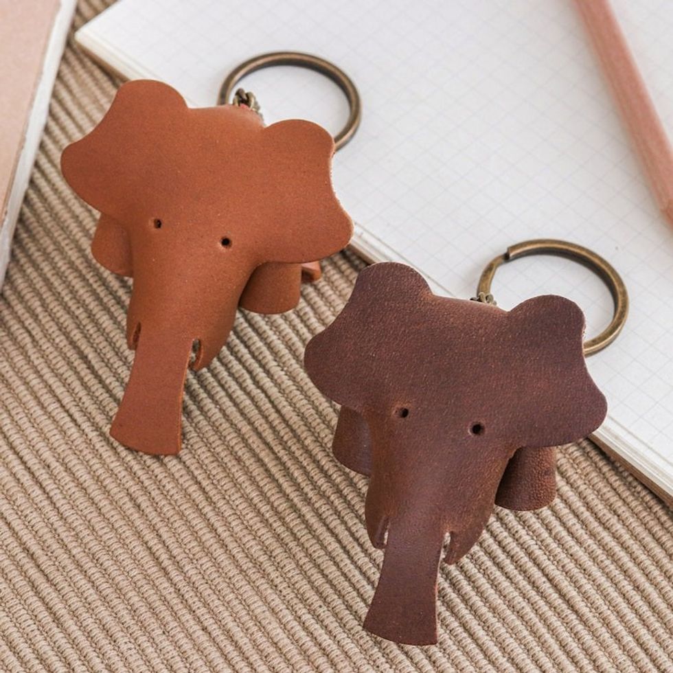 Set of Two Elephant-Themed Leather Keychains in Brown Hues 'Chocolate Trunks'