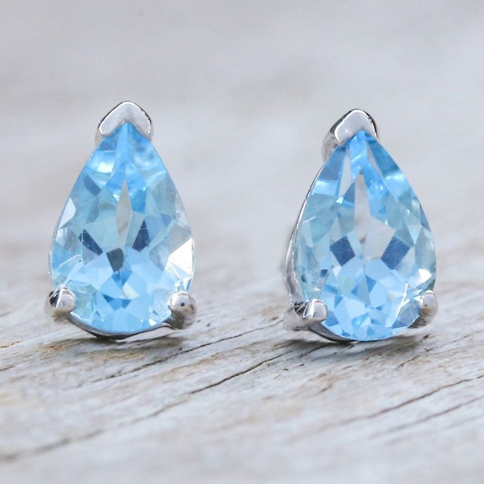 Sterling Silver Drop Earrings with Pear Blue Topaz Gems 'Loyalty Blessing'
