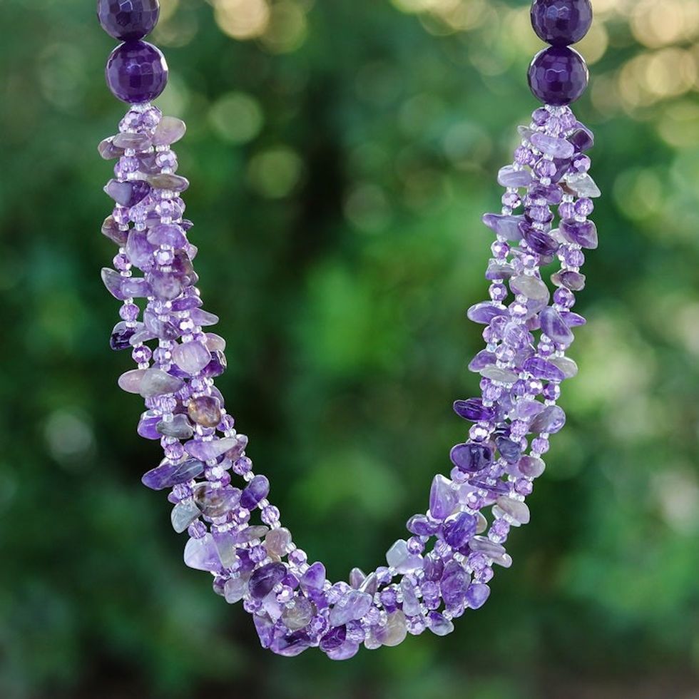 Purple-Toned Amethyst and Chalcedony Beaded Strand Necklace 'Wise Jewels'