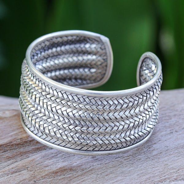 Alternate image for Silver Cuff Bracelet with Basketweave Pattern from Thailand Mansion Memories