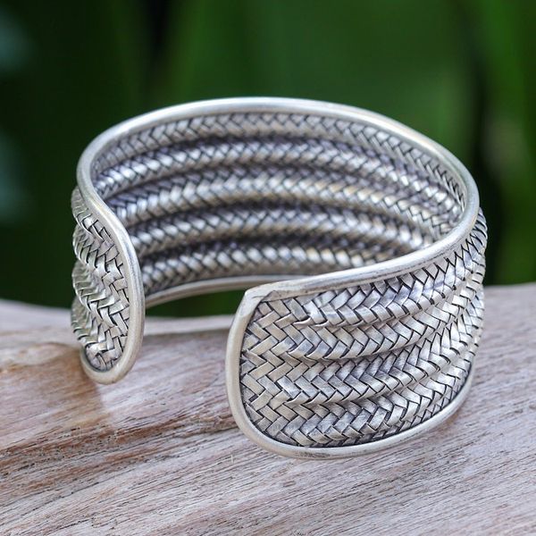 Alternate image for Silver Cuff Bracelet with Basketweave Pattern from Thailand Mansion Memories