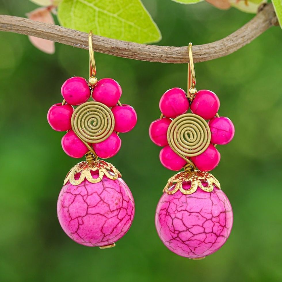Pink Magnesite Floral Dangle Earrings with Brass Spirals 'Hot Pink Bloom'