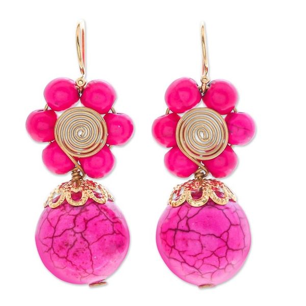Alternate image for Pink Magnesite Floral Dangle Earrings with Brass Spirals Hot Pink Bloom