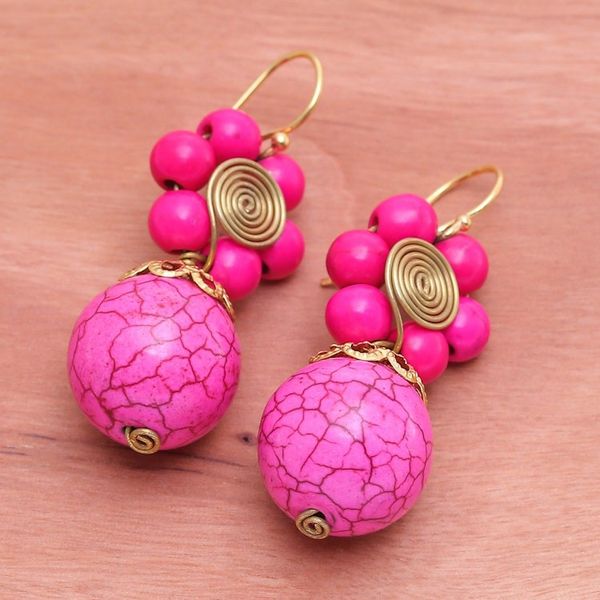 Alternate image for Pink Magnesite Floral Dangle Earrings with Brass Spirals Hot Pink Bloom