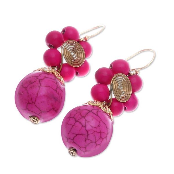 Alternate image for Pink Magnesite Floral Dangle Earrings with Brass Spirals Hot Pink Bloom