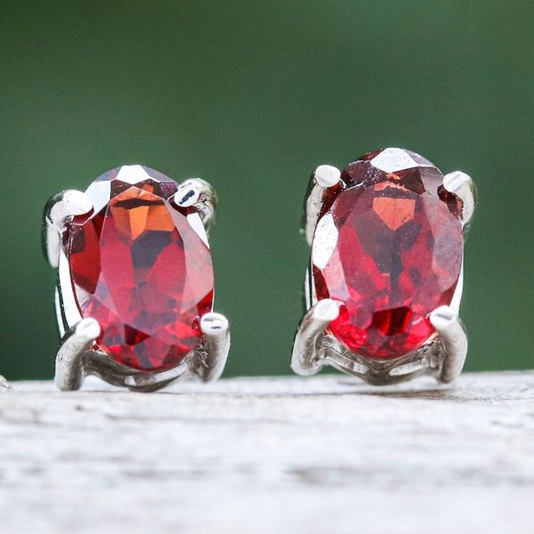 Alternate image for Sterling Silver Button Earrings with Natural Garnet Gems Perseverance Maiden