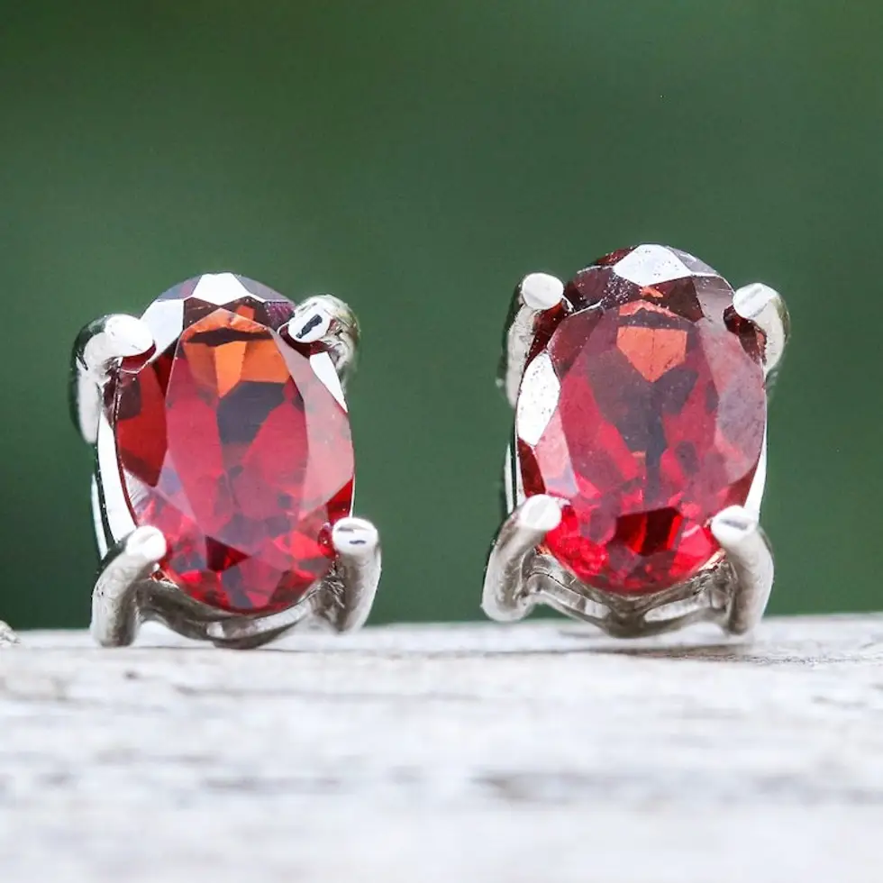 Sterling Silver Button Earrings with Natural Garnet Gems 'Perseverance Maiden'