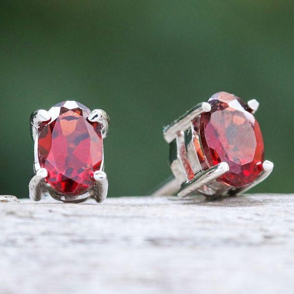 Alternate image for Sterling Silver Button Earrings with Natural Garnet Gems Perseverance Maiden