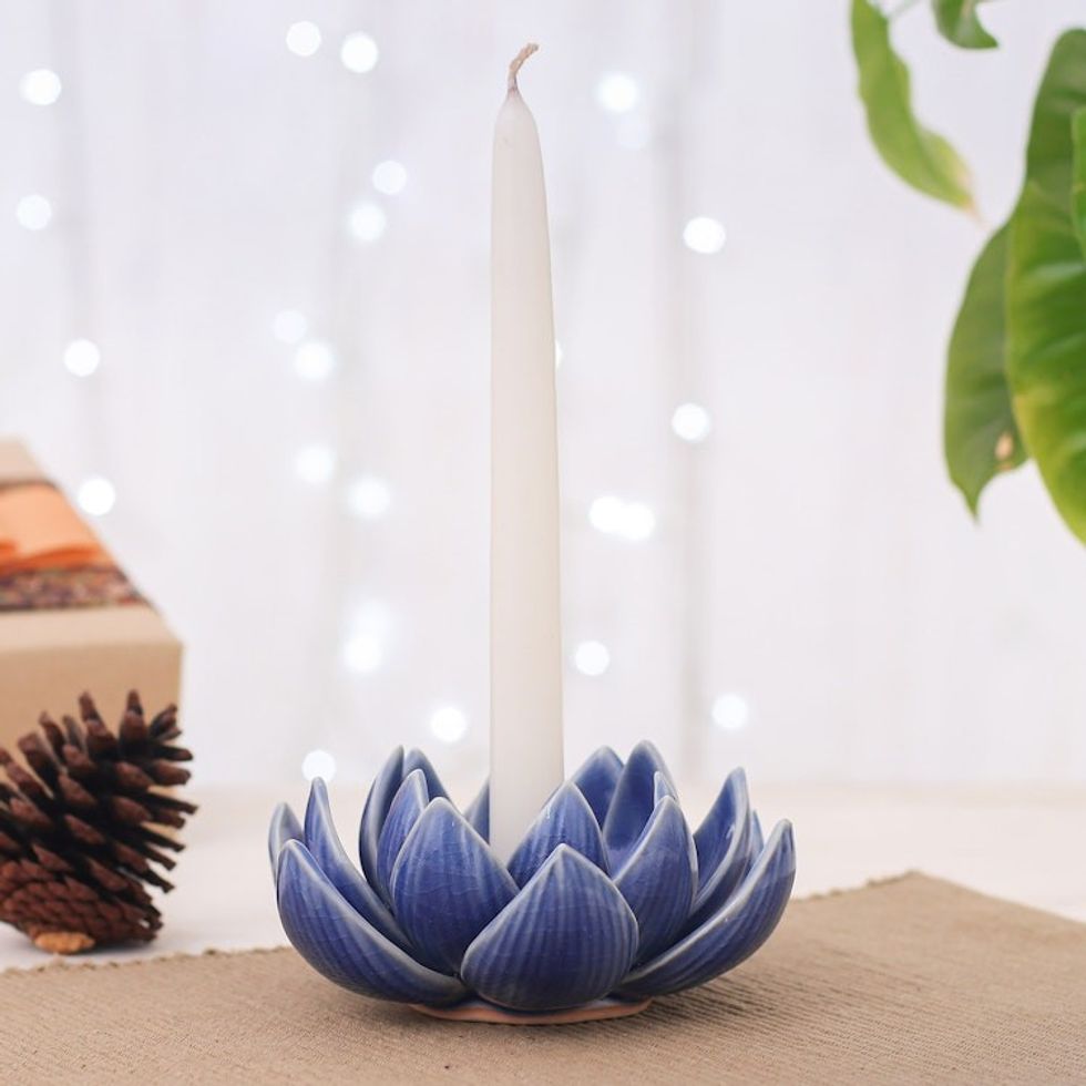 Blue Celadon Ceramic Candle Holder with Lotus Flower Motif 'Lotus Splendor in Blue'