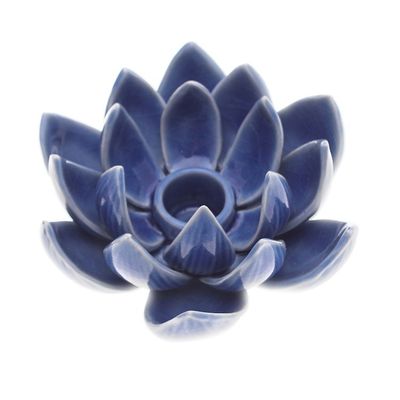 Alternate image for Blue Celadon Ceramic Candle Holder with Lotus Flower Motif Lotus Splendor in Blue
