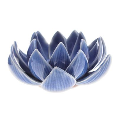 Alternate image for Blue Celadon Ceramic Candle Holder with Lotus Flower Motif Lotus Splendor in Blue