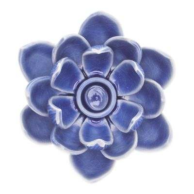 Alternate image for Blue Celadon Ceramic Candle Holder with Lotus Flower Motif Lotus Splendor in Blue