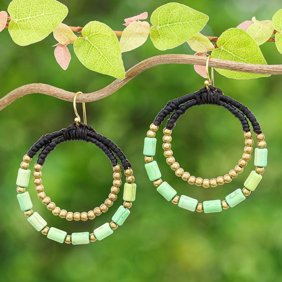 Green Magnesite Brass Beaded Double Hoop Dangle Earrings 'Green Glam'