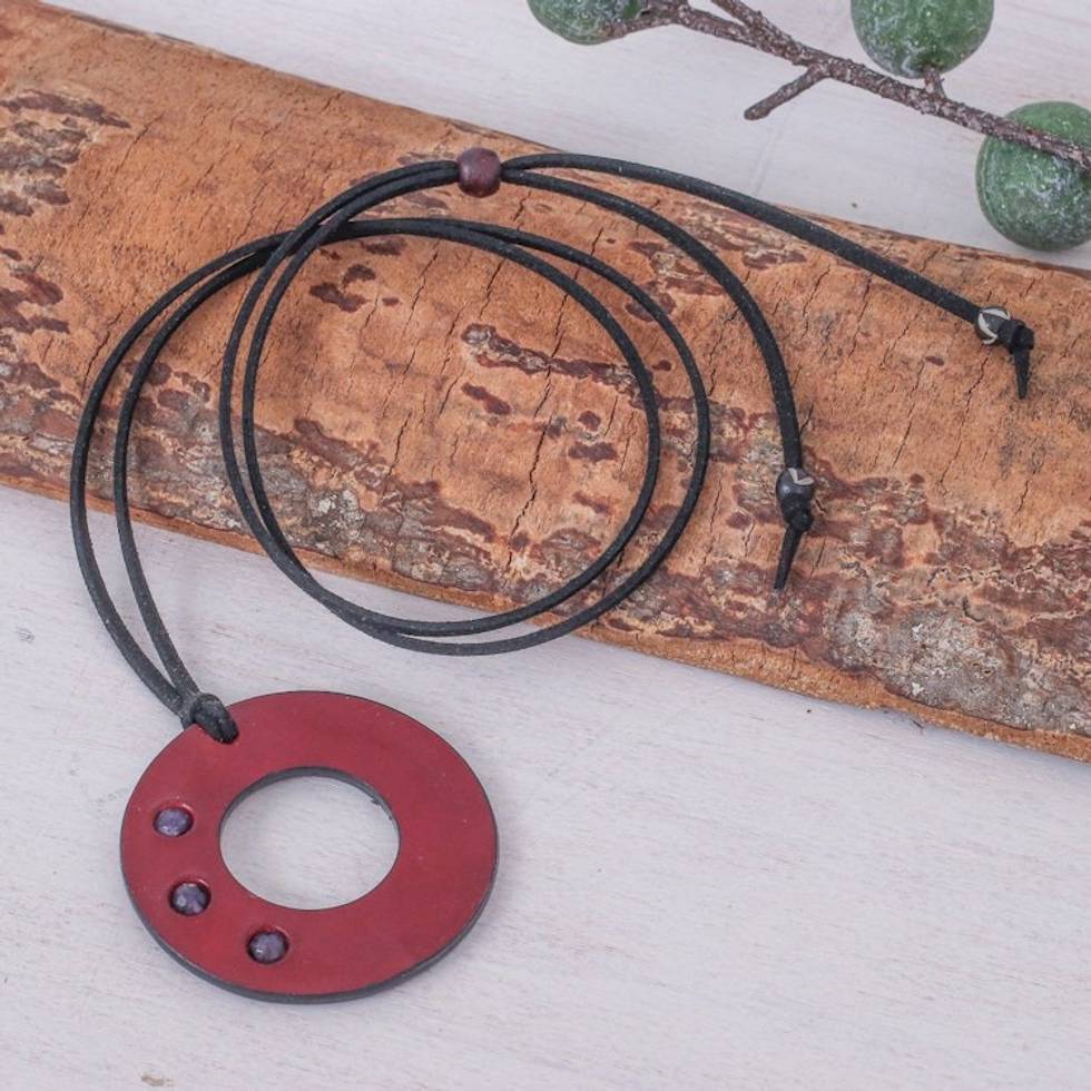 Thai Amethyst and Red Leather Pendant Necklace 'Red Lucky Ring'