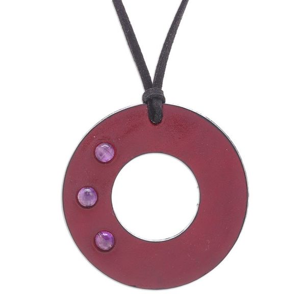 Alternate image for Thai Amethyst and Red Leather Pendant Necklace Red Lucky Ring