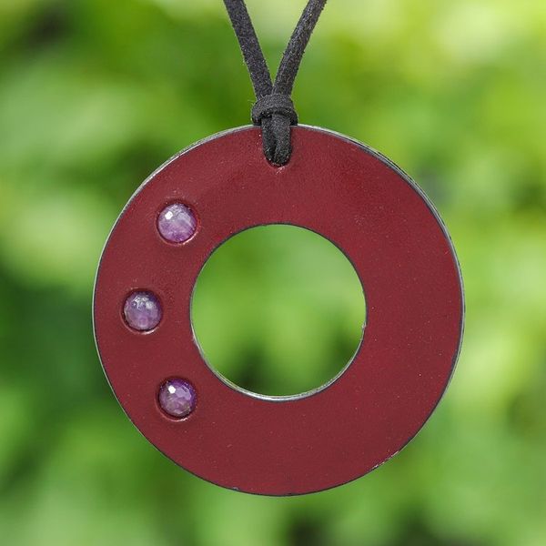 Alternate image for Thai Amethyst and Red Leather Pendant Necklace Red Lucky Ring