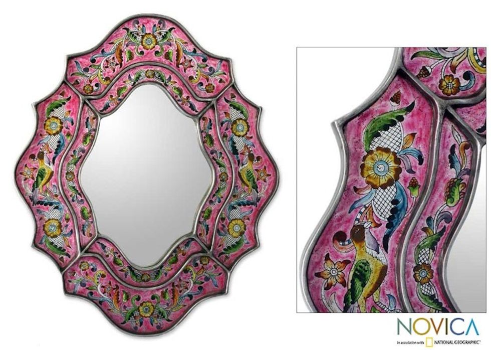 Hand Crafted Reverse Painted Glass Wall Mirror 'Wild Orchids'