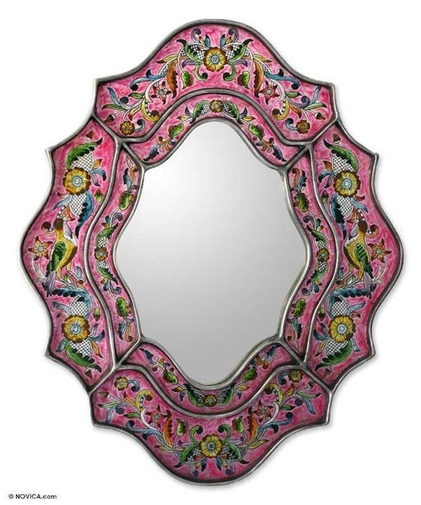 Alternate image for Hand Crafted Reverse Painted Glass Wall Mirror Wild Orchids