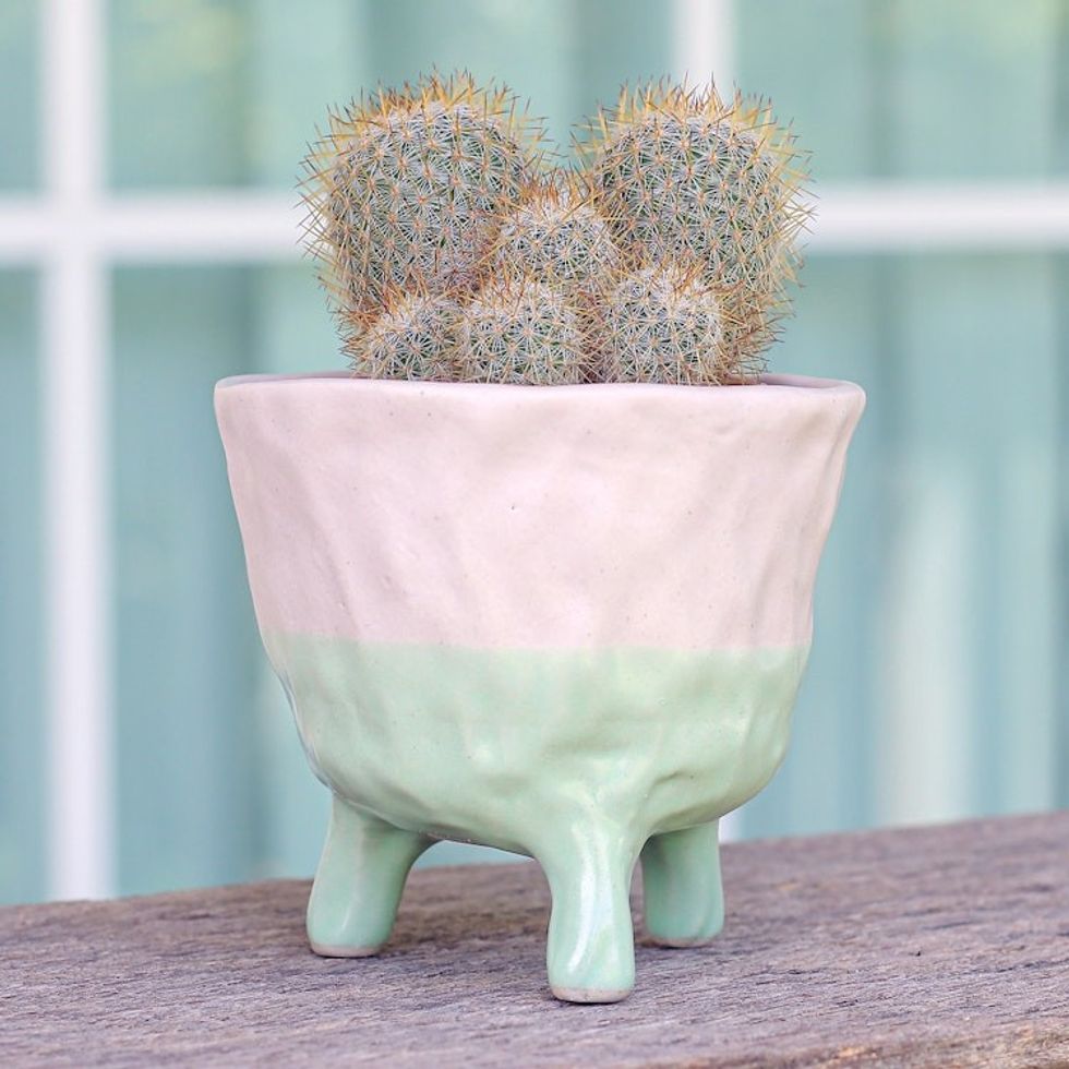 Hand-Painted Ceramic Flower Pot in Pink and Green Tones 'Pink Roots'