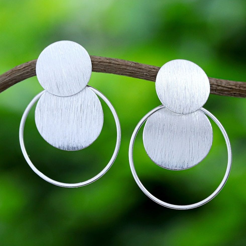 Round Sterling Silver Dangle Earrings with Polished Finish 'Blurry Moons'