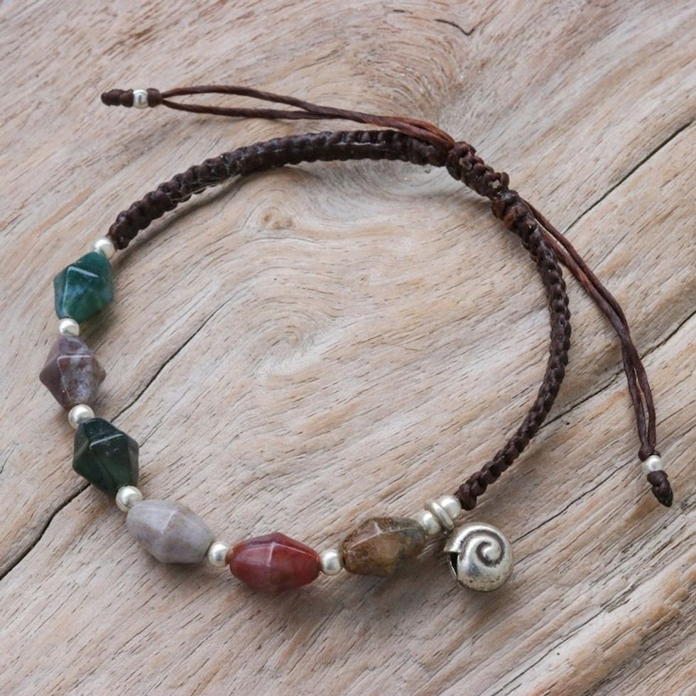 Thai Hand-braided Jasper Fine Silver Beaded Charm Bracelet 'Colorful Stones'