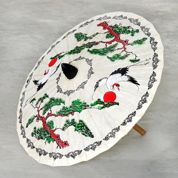 Alternate image for Hand-Painted White Crane Motif Saa Paper Decorative Parasol Morning Cranes