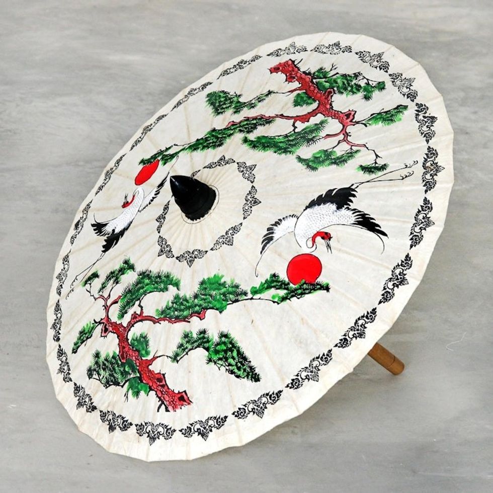 Hand-Painted White Crane Motif Saa Paper Decorative Parasol 'Morning Cranes'