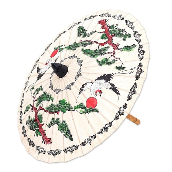 Alternate image for Hand-Painted White Crane Motif Saa Paper Decorative Parasol Morning Cranes