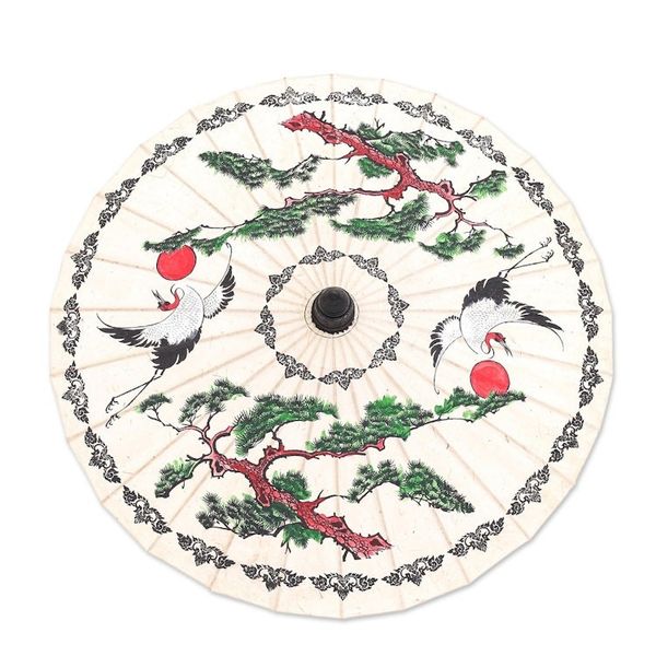 Alternate image for Hand-Painted White Crane Motif Saa Paper Decorative Parasol Morning Cranes