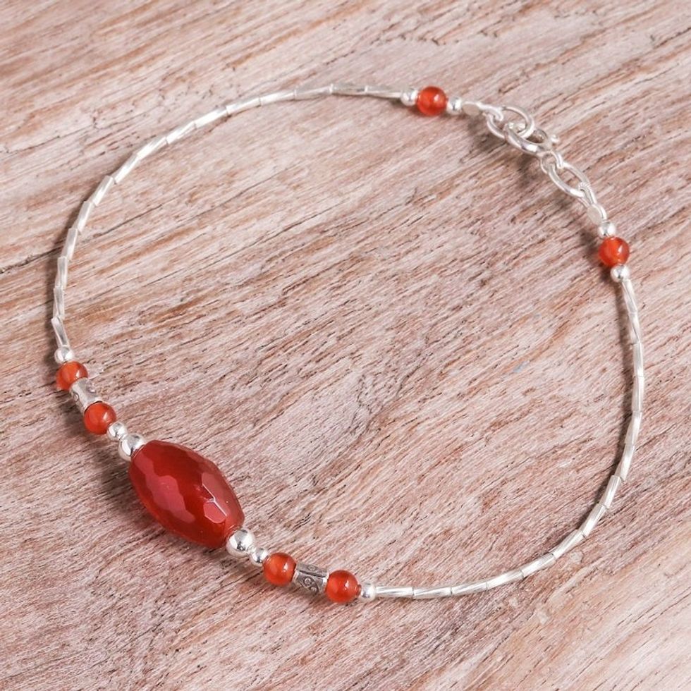 Thai Carnelian and 950 Silver Beaded Pendant Bracelet 'Oval Appeal'