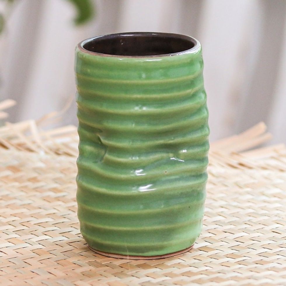 Handcrafted Green Ceramic Cup 'Green Ripple'