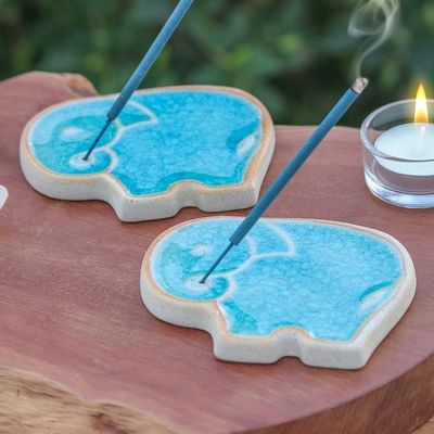 Main image for Handcrafted Elephant-Shaped Blue Incense Holders Pair Blue Elephant