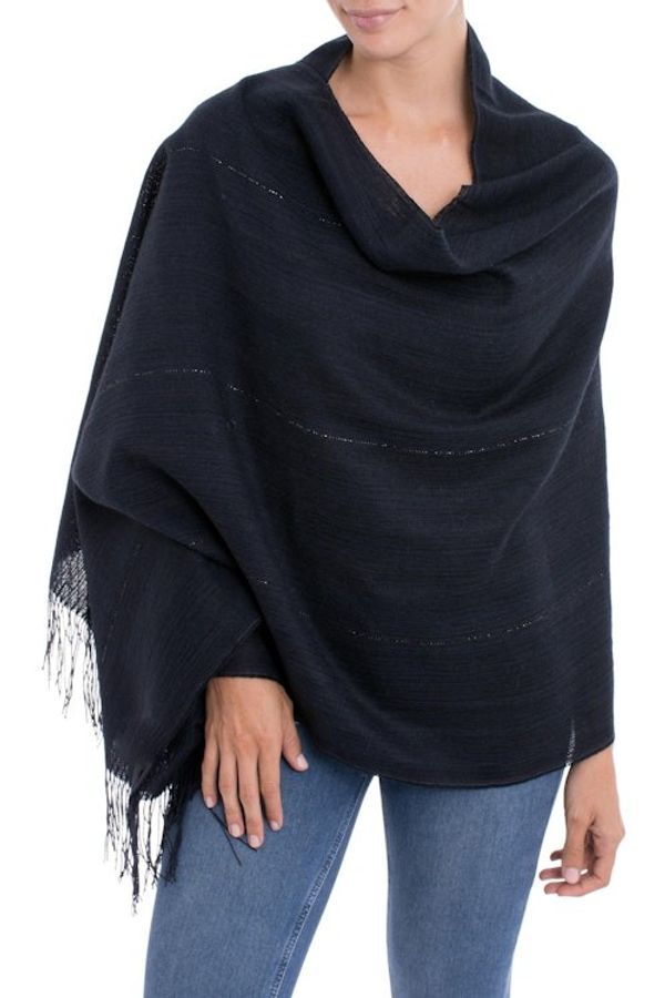 Alternate image for Midnight Blue 100 Alpaca Woven Fringed Shawl from Peru Deep Sky