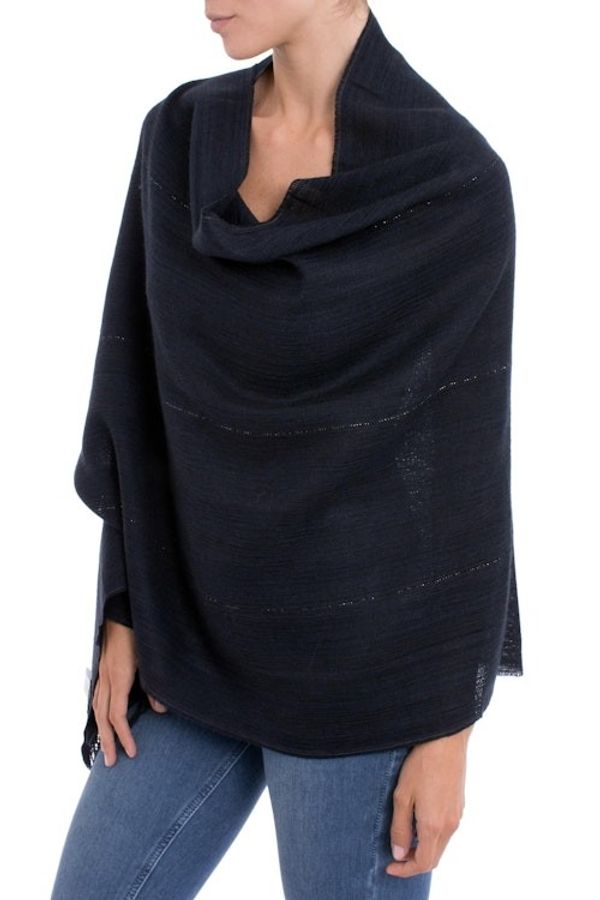 Alternate image for Midnight Blue 100 Alpaca Woven Fringed Shawl from Peru Deep Sky