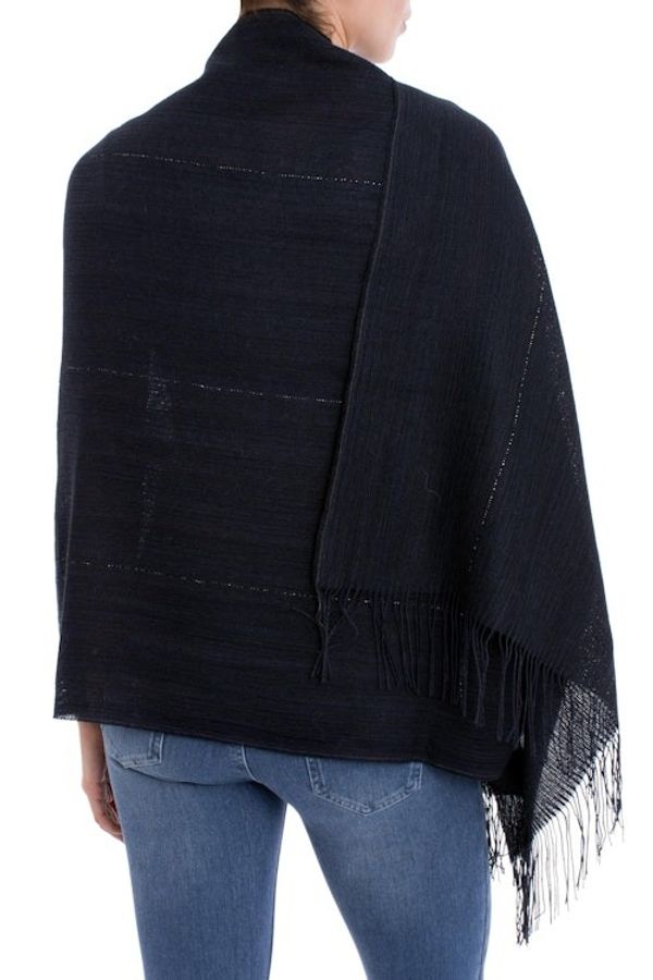 Alternate image for Midnight Blue 100 Alpaca Woven Fringed Shawl from Peru Deep Sky