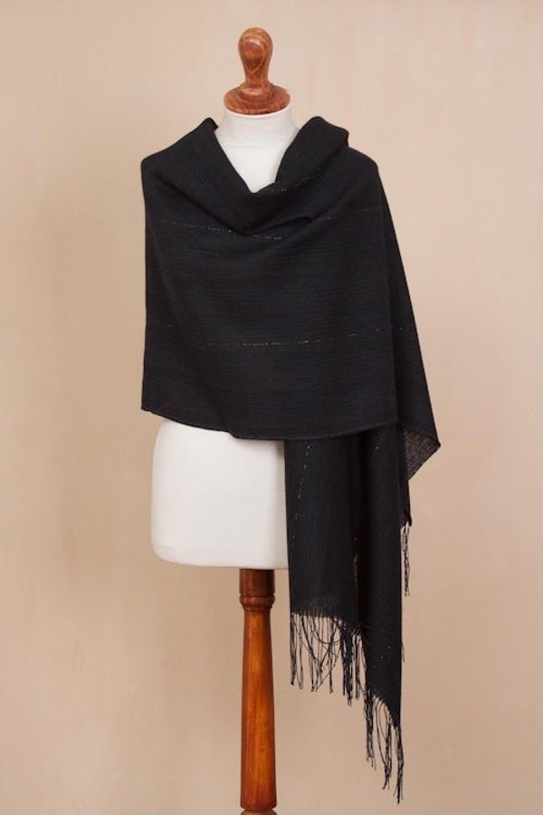Alternate image for Midnight Blue 100 Alpaca Woven Fringed Shawl from Peru Deep Sky
