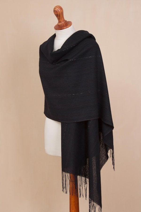 Alternate image for Midnight Blue 100 Alpaca Woven Fringed Shawl from Peru Deep Sky