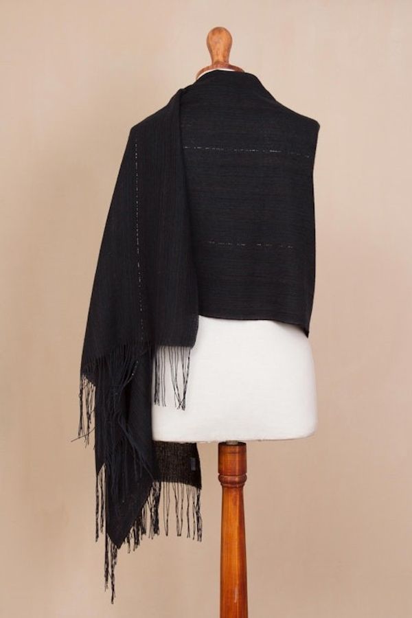 Alternate image for Midnight Blue 100 Alpaca Woven Fringed Shawl from Peru Deep Sky