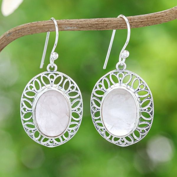 Alternate image for High Polished Floral Natural Rose Quartz Dangle Earrings Unconditional Lotus