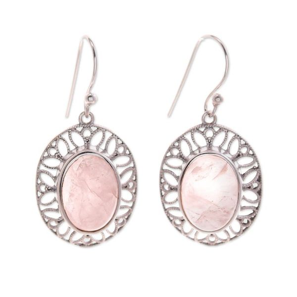 Alternate image for High Polished Floral Natural Rose Quartz Dangle Earrings Unconditional Lotus