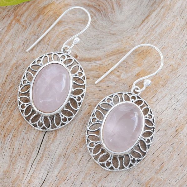 Alternate image for High Polished Floral Natural Rose Quartz Dangle Earrings Unconditional Lotus