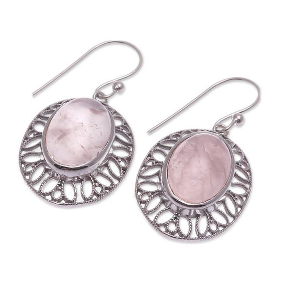 Alternate image for High Polished Floral Natural Rose Quartz Dangle Earrings Unconditional Lotus